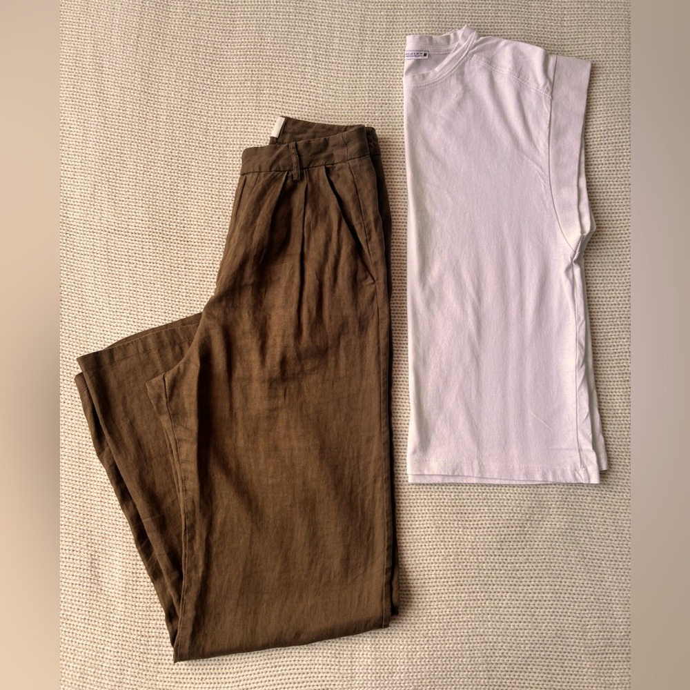 DISSH Linen Pants + Zara White T-shirt US2/S, Green